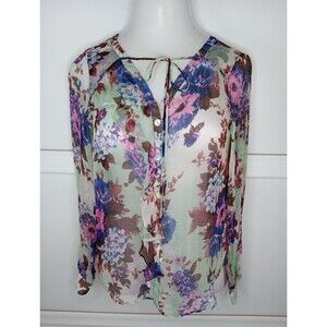 Sundance Poetry In Motion Floral Silk Blouse Small Sheer Ruffle Long Sleeve EUC